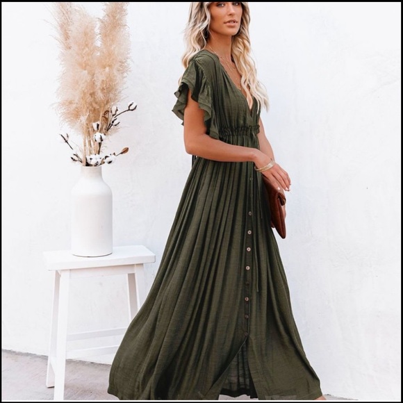 XL Bohemian long Olive gauze semi sheer maxi dress w pockets and ruffle sleeves - Picture 5 of 16